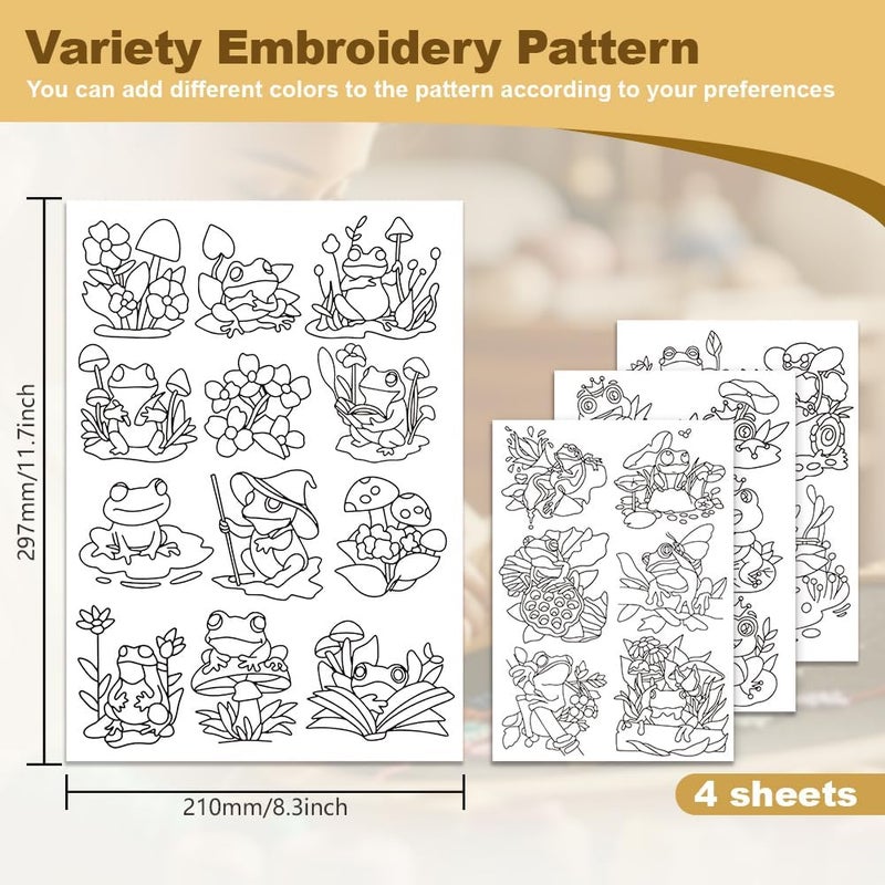 DOODLREAM 27Pcs Frog on Lotus Leaf Embroidery Pattern Stabilizers, 8.3"x11.7" Cartoon Frog Water Soluble Stick and Stitch Embroidery Stickers, 4 Sheets Hand Sewing DIY Embroidery Paper - Image 2